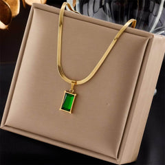 Stainless Steel Green Crystal Pendant Necklace for Women N1695