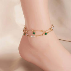 Stainless Steel Green Heart Zircon Anklets B898