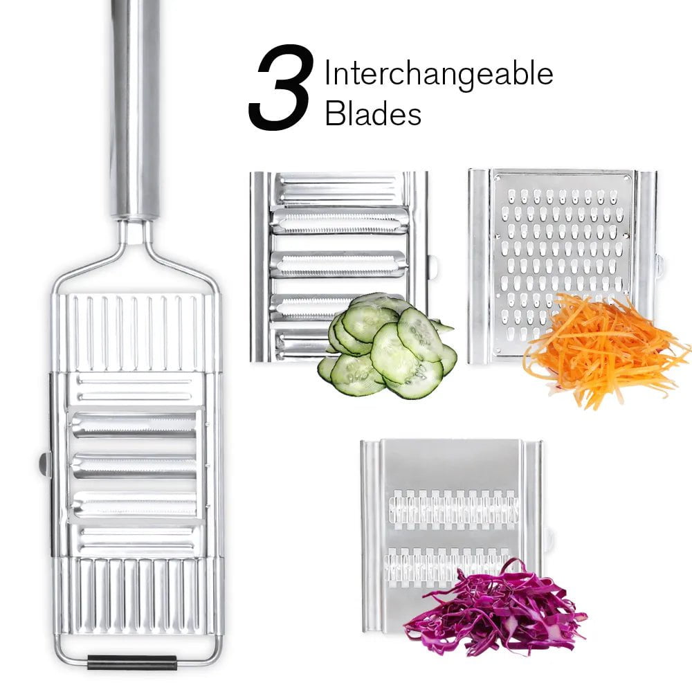 Stainless Steel Manual Vegetable Slicer: Portable Shredder Cutter with Handle, Easy-Clean Grater - Multi-Purpose Home Kitchen Tool 3 Blades