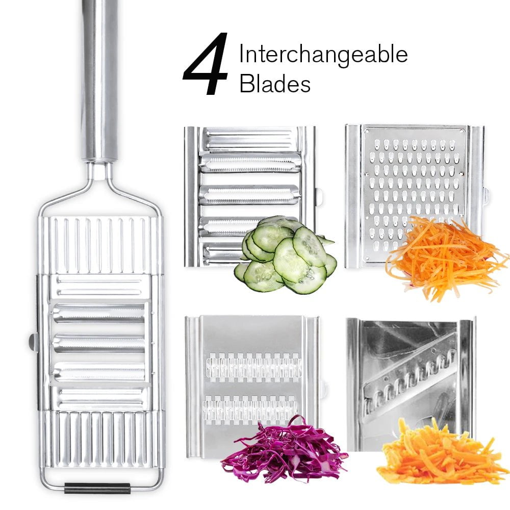 Stainless Steel Manual Vegetable Slicer: Portable Shredder Cutter with Handle, Easy-Clean Grater - Multi-Purpose Home Kitchen Tool 4 Blades