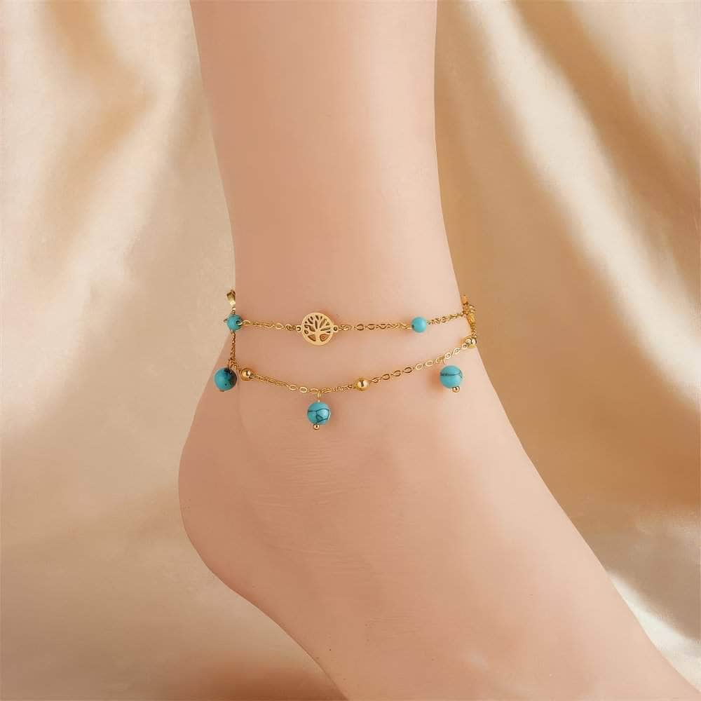 Stainless Steel Multilayer Round Tree Green Stone Anklets B1012