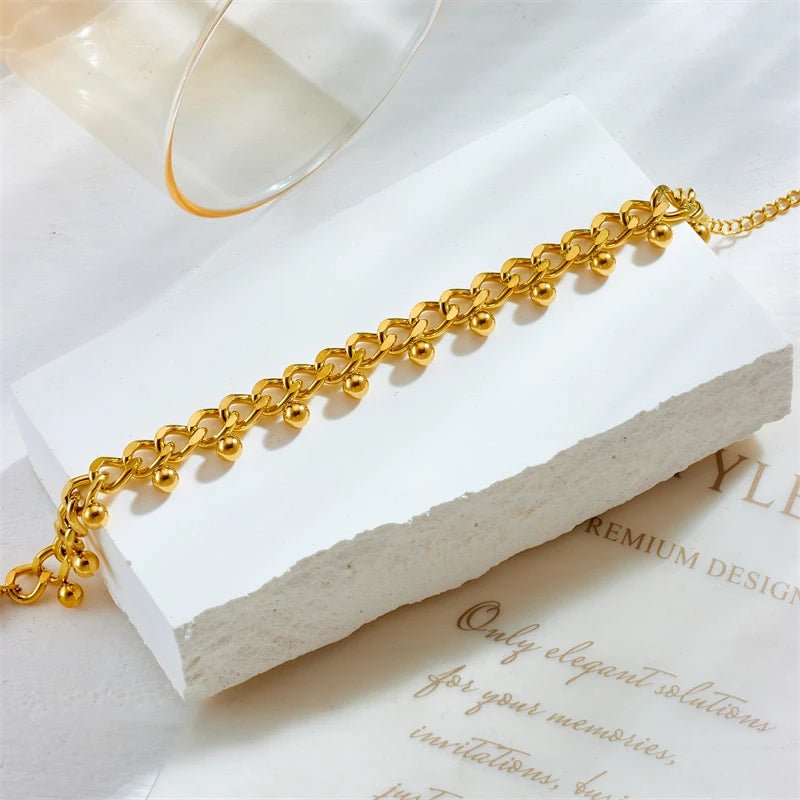 Stainless Steel Trendy Gold-Colored Round Bead Charm Bracelet for Women B991