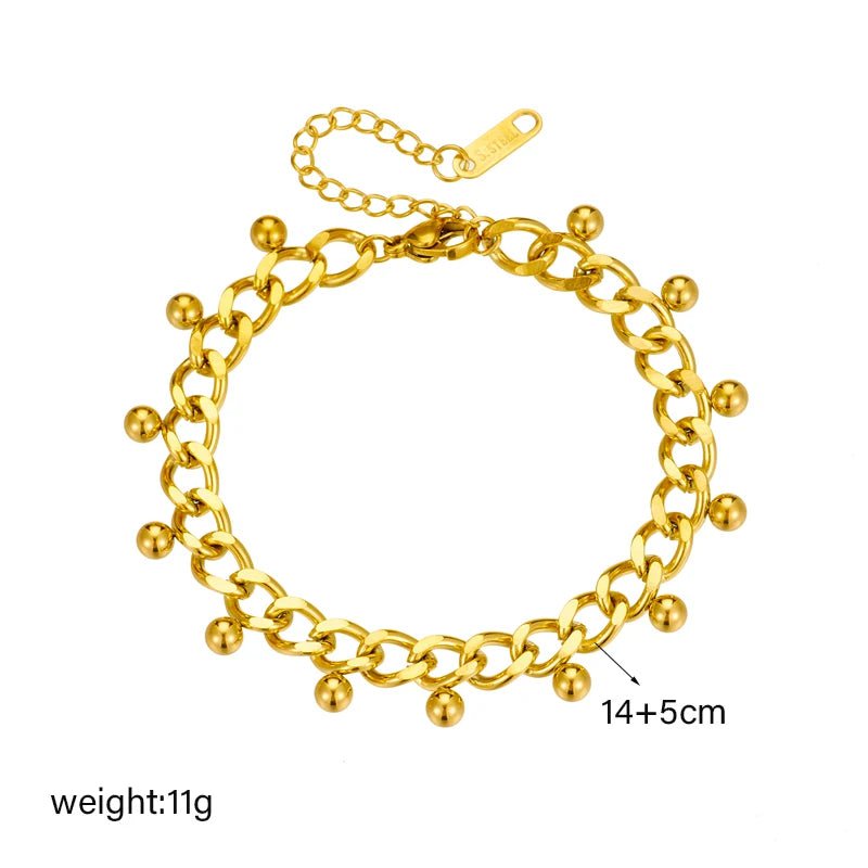 Stainless Steel Trendy Gold-Colored Round Bead Charm Bracelet for Women B991