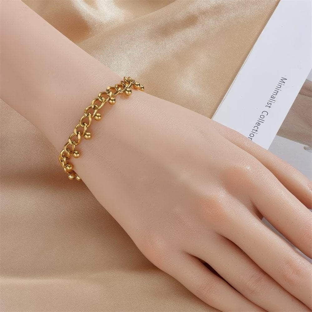 Stainless Steel Trendy Gold-Colored Round Bead Charm Bracelet for Women B991