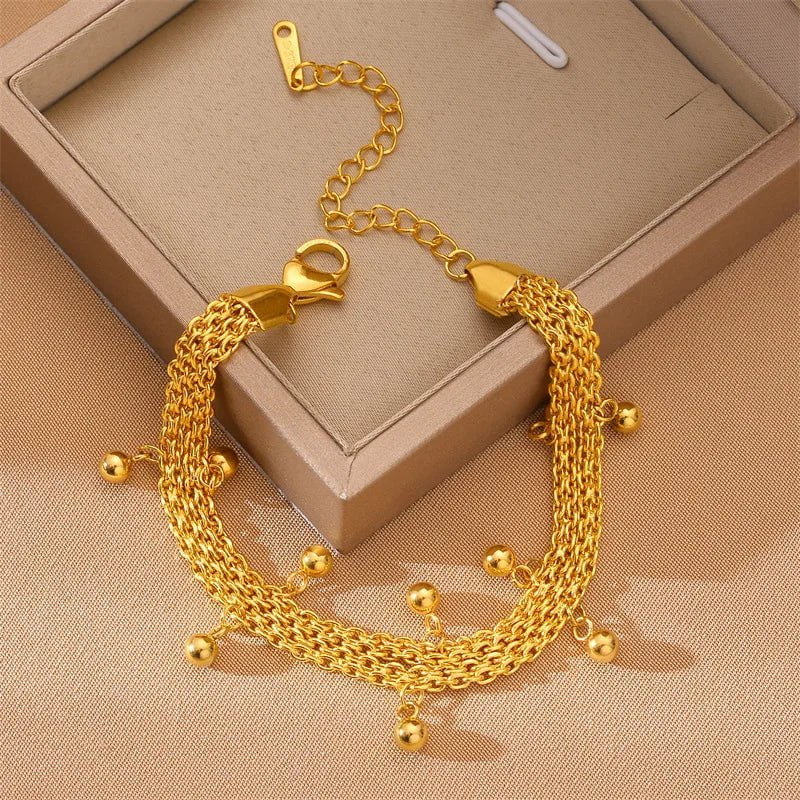 Stainless Steel Vintage-Inspired Multilayer Chain Bracelet with Gold Color and Ball Charms for Women B602
