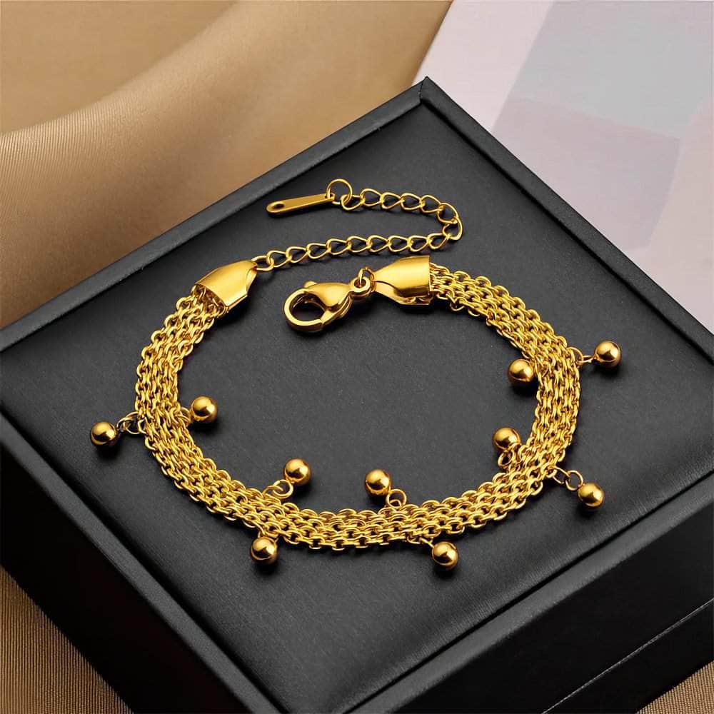 Stainless Steel Vintage-Inspired Multilayer Chain Bracelet with Gold Color and Ball Charms for Women B602