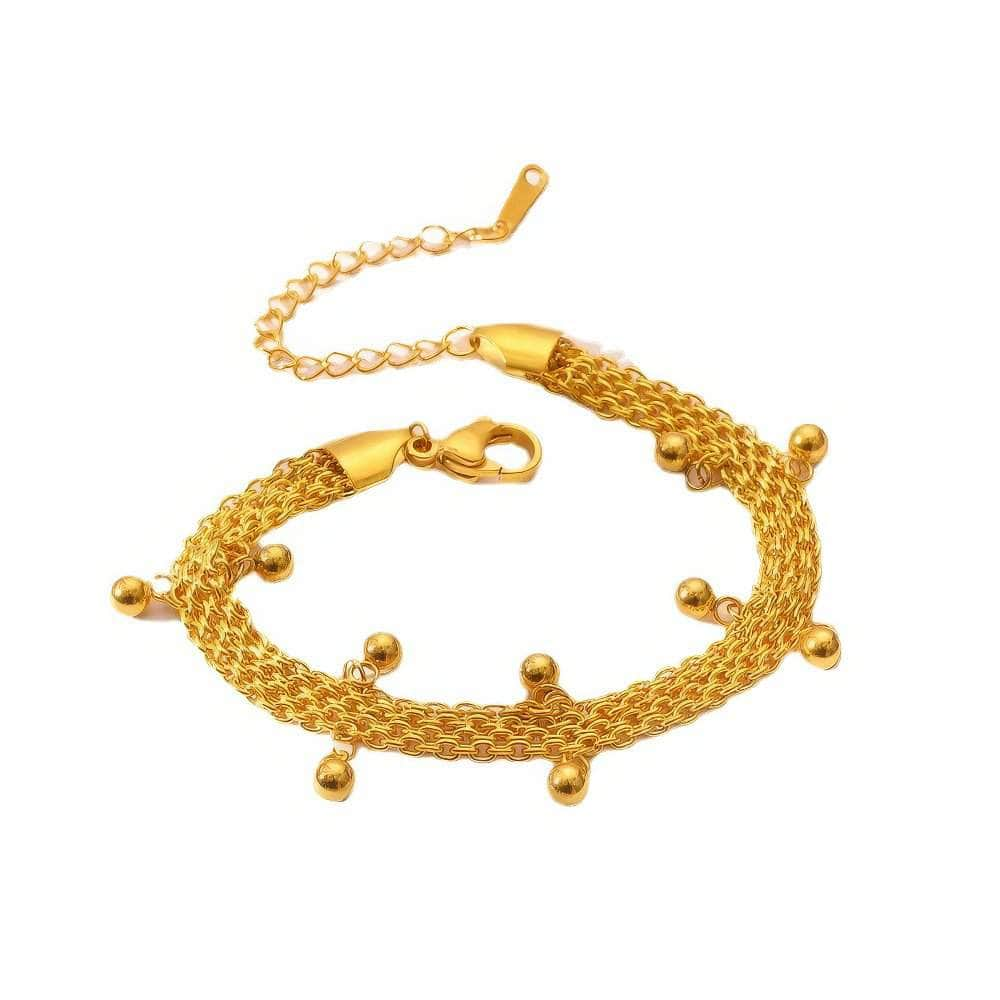 Stainless Steel Vintage-Inspired Multilayer Chain Bracelet with Gold Color and Ball Charms for Women B602