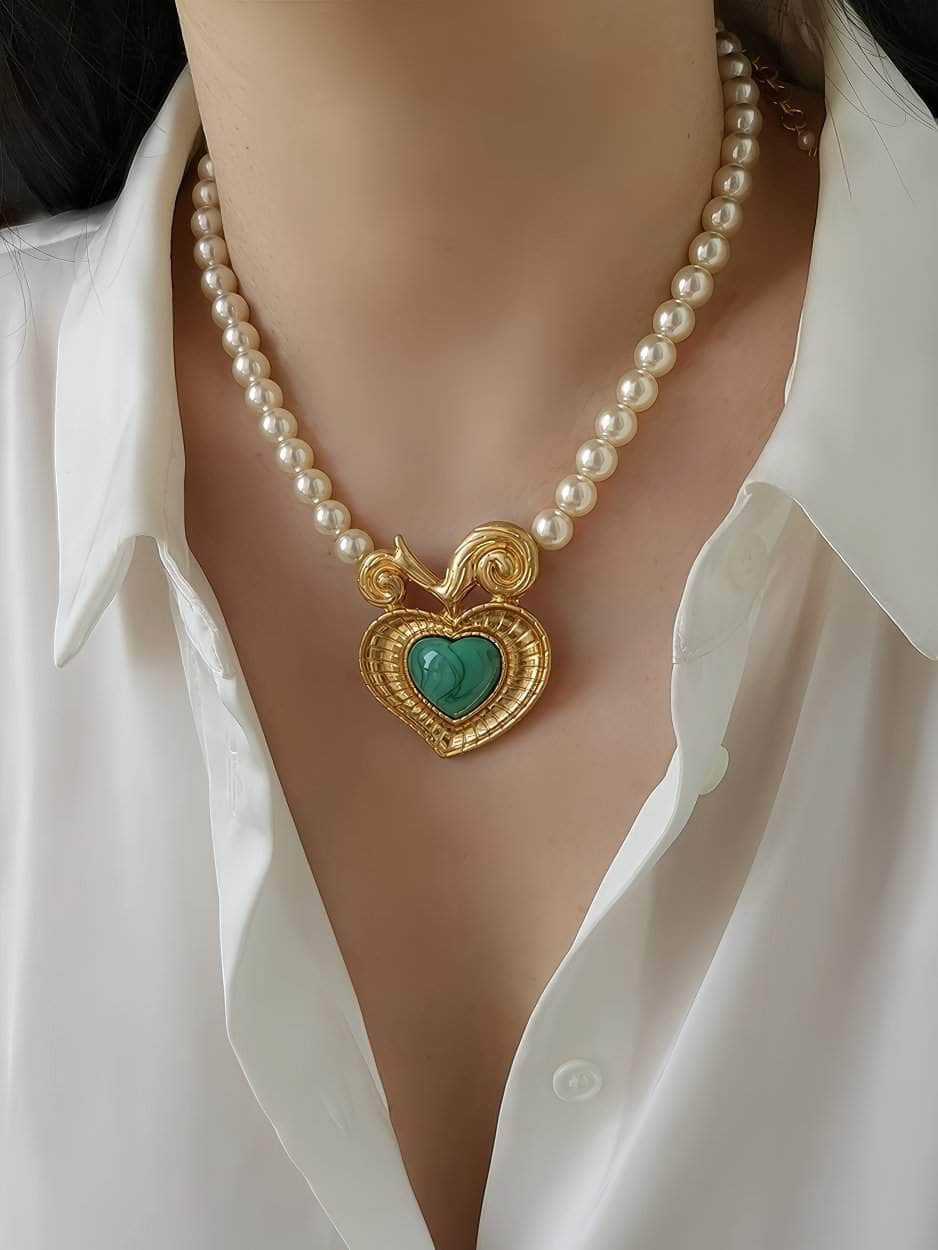 Statement Gold Enamel Pendant Pearl Vintage Necklace Gold