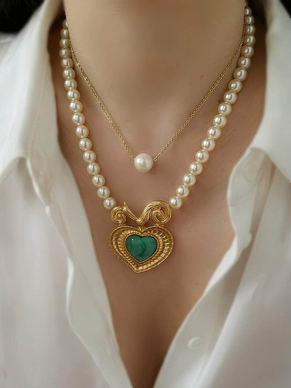 Statement Gold Enamel Pendant Pearl Vintage Necklace Gold