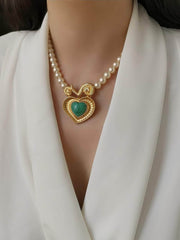 Statement Gold Enamel Pendant Pearl Vintage Necklace Gold