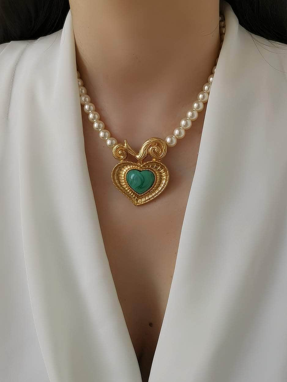 Statement Gold Enamel Pendant Pearl Vintage Necklace Gold