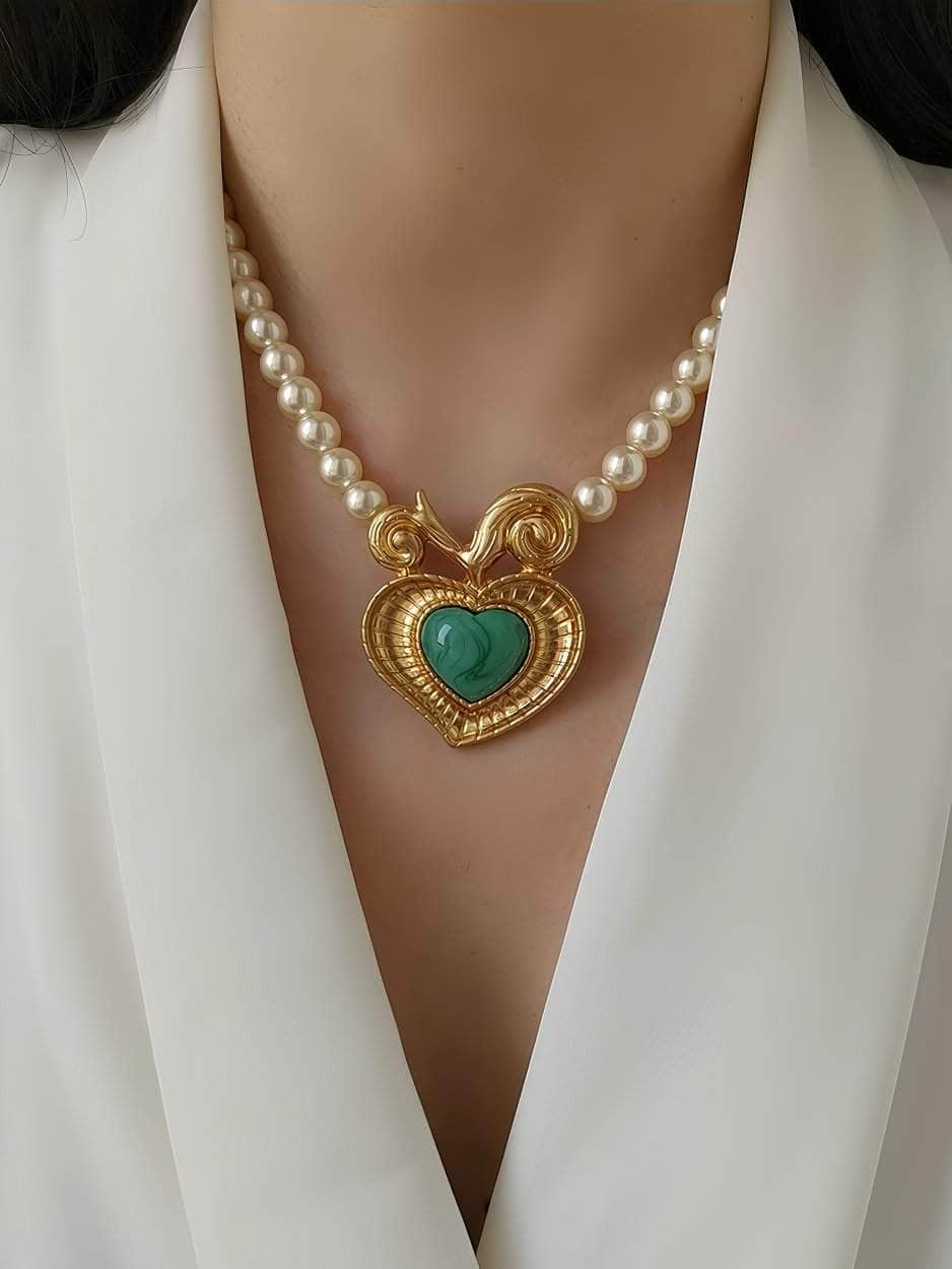 Statement Gold Enamel Pendant Pearl Vintage Necklace Gold