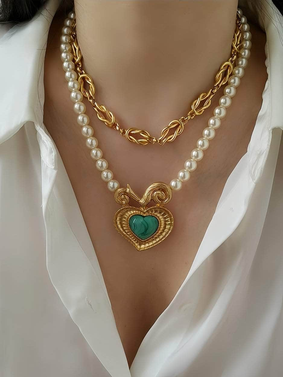 Statement Gold Enamel Pendant Pearl Vintage Necklace Gold