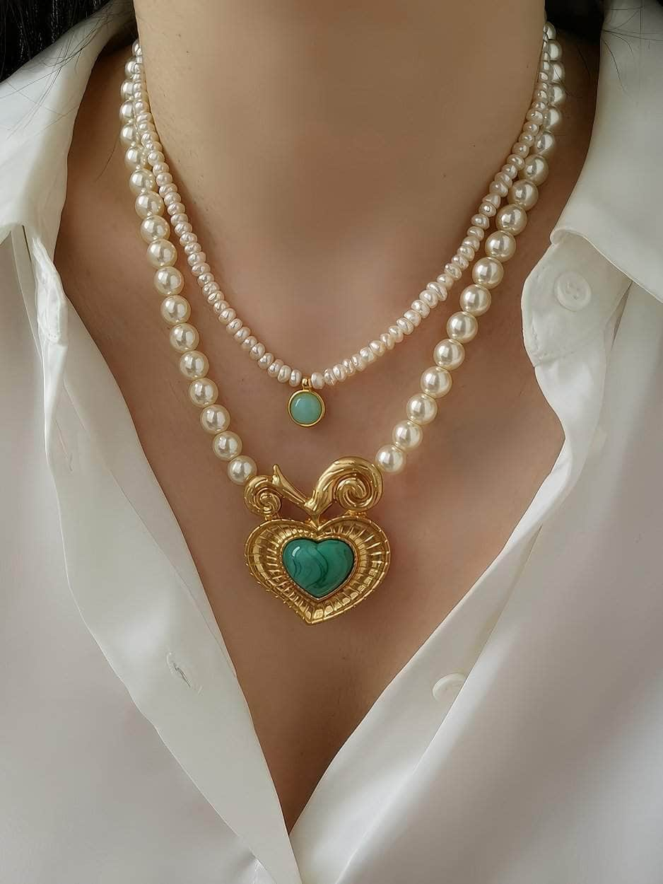 Statement Gold Enamel Pendant Pearl Vintage Necklace Gold