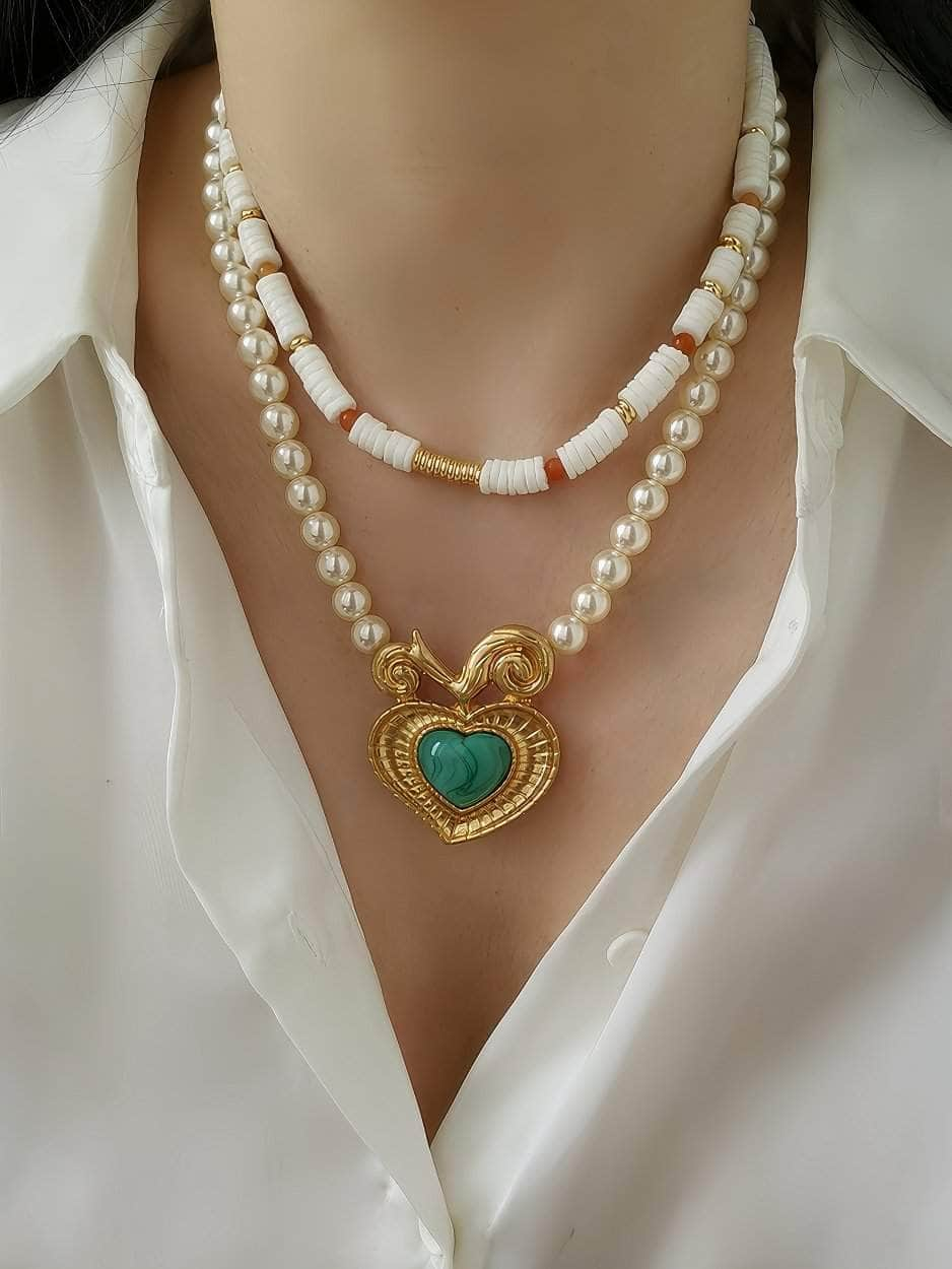 Statement Gold Enamel Pendant Pearl Vintage Necklace Gold