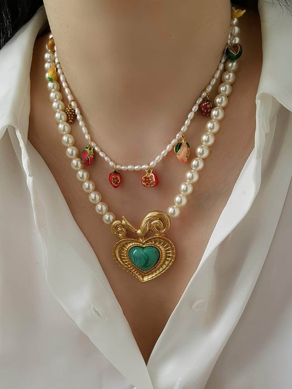 Statement Gold Enamel Pendant Pearl Vintage Necklace Gold