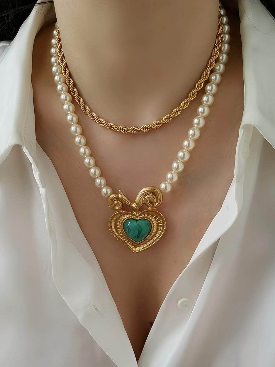 Statement Gold Enamel Pendant Pearl Vintage Necklace Gold