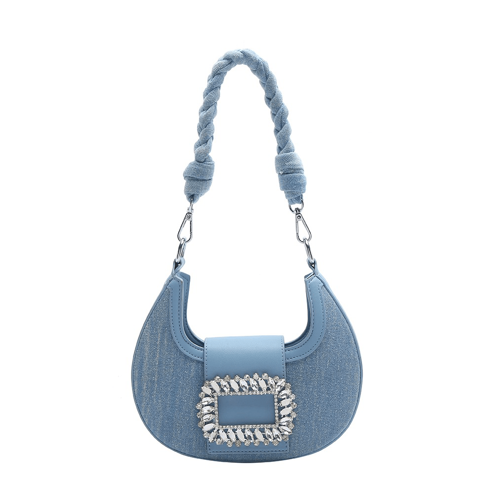 Statement Rhinestone Shiny Buckle Denim Handbag