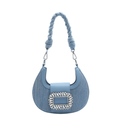 Statement Rhinestone Shiny Buckle Denim Handbag