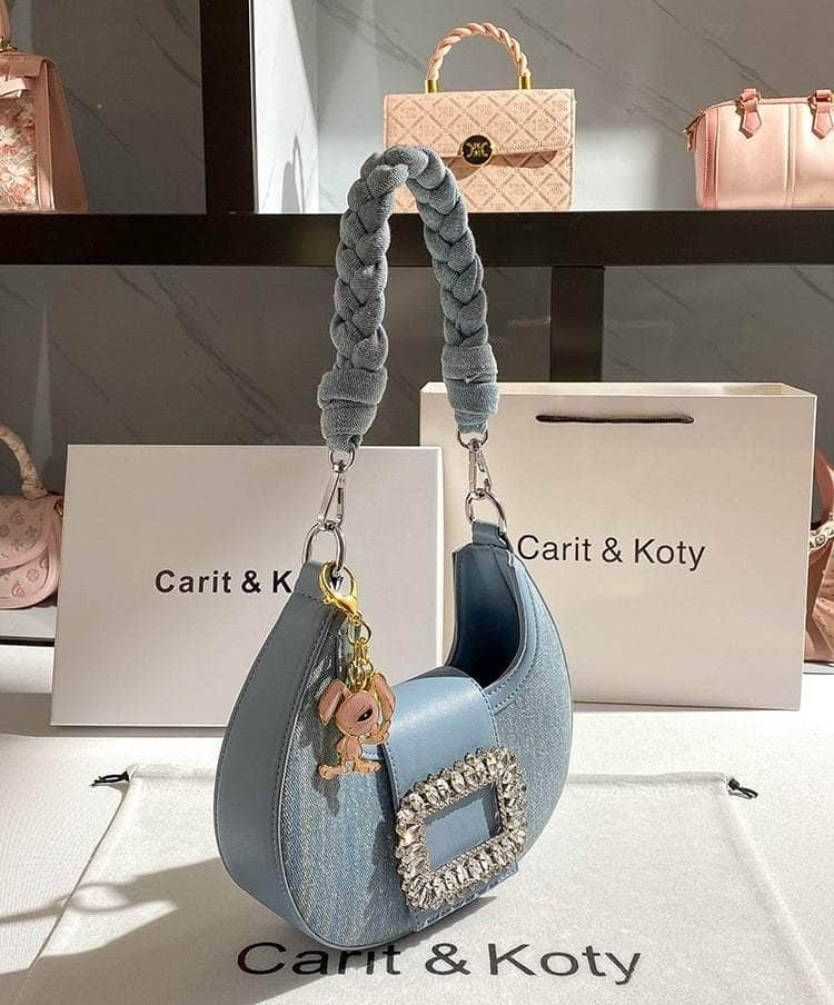 Statement Rhinestone Shiny Buckle Denim Handbag