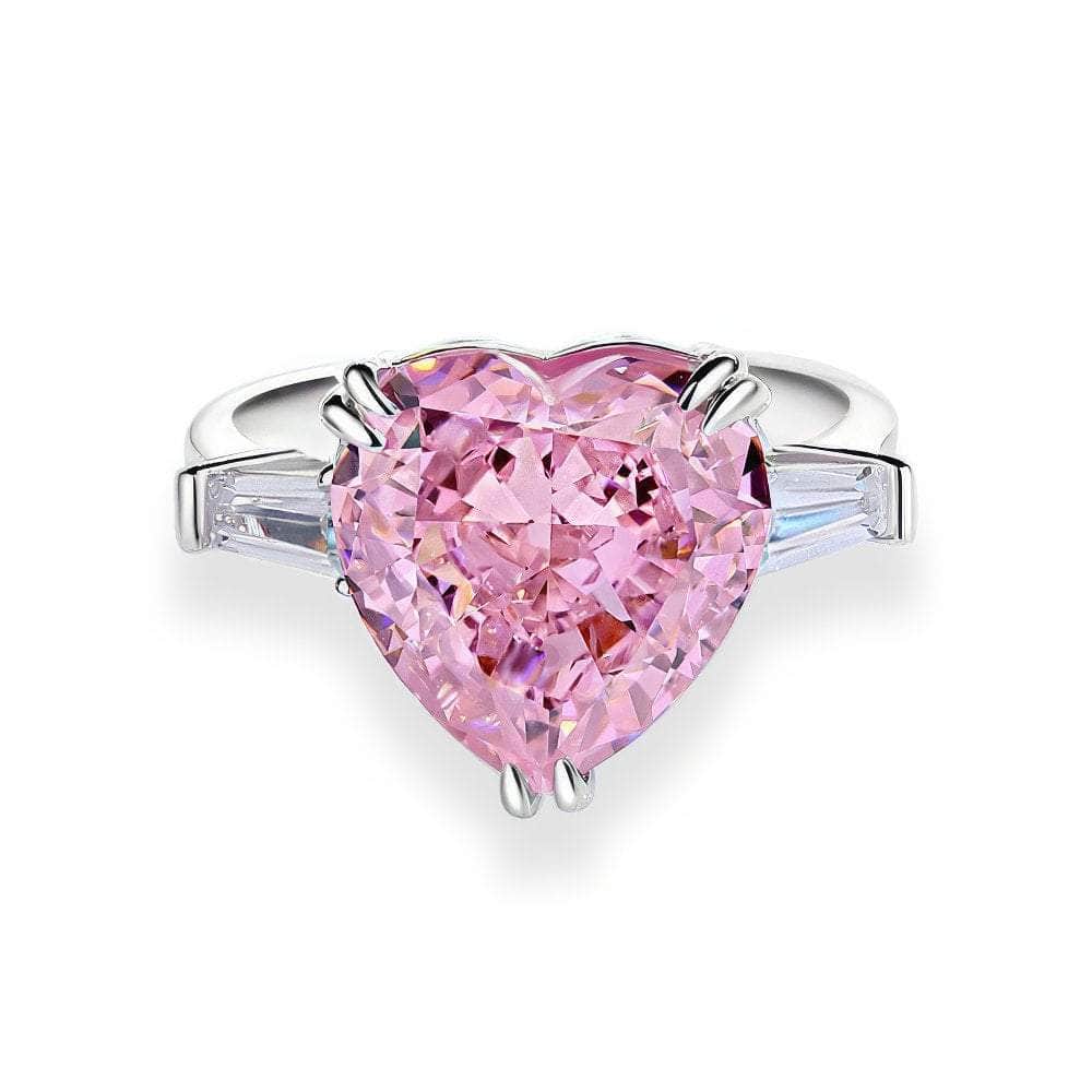 Sterling Silver Heart-Shaped 3-Stone Cut Paved Crystal Lab Diamond Ring 6 US / Pink Sapphire