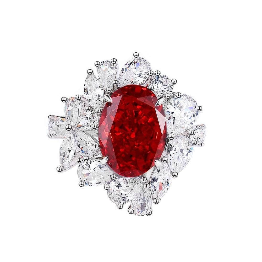 Sterling Silver Shiny Crystal Floral Deco Ring 6 US / Ruby Red