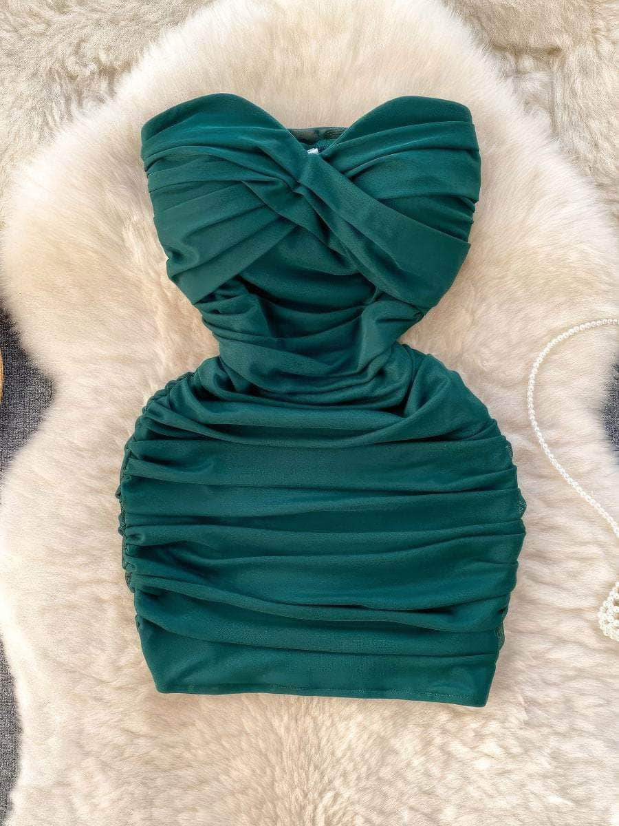 Strapless Bustier Ruched Mini Mesh Bodycon Dress S / Green