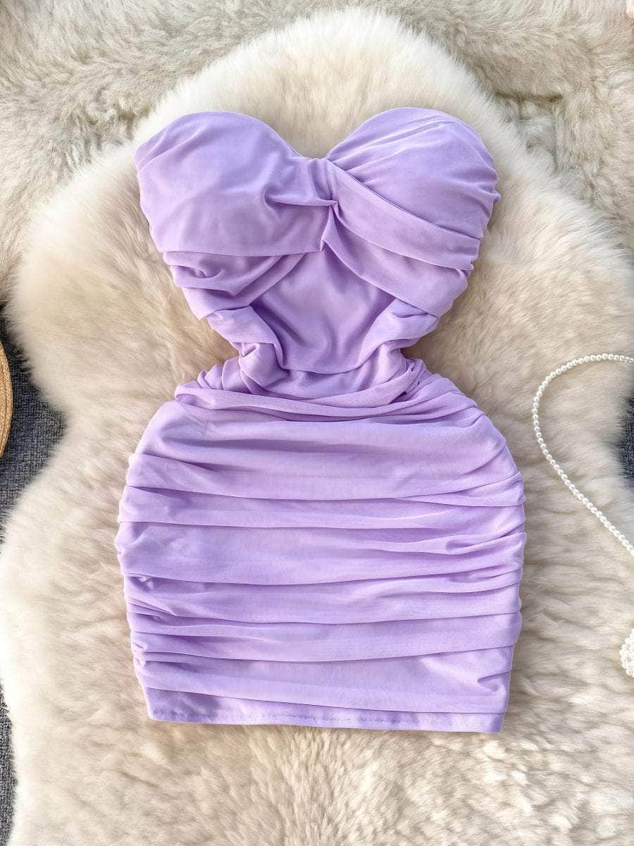 Strapless Bustier Ruched Mini Mesh Bodycon Dress S / Plum