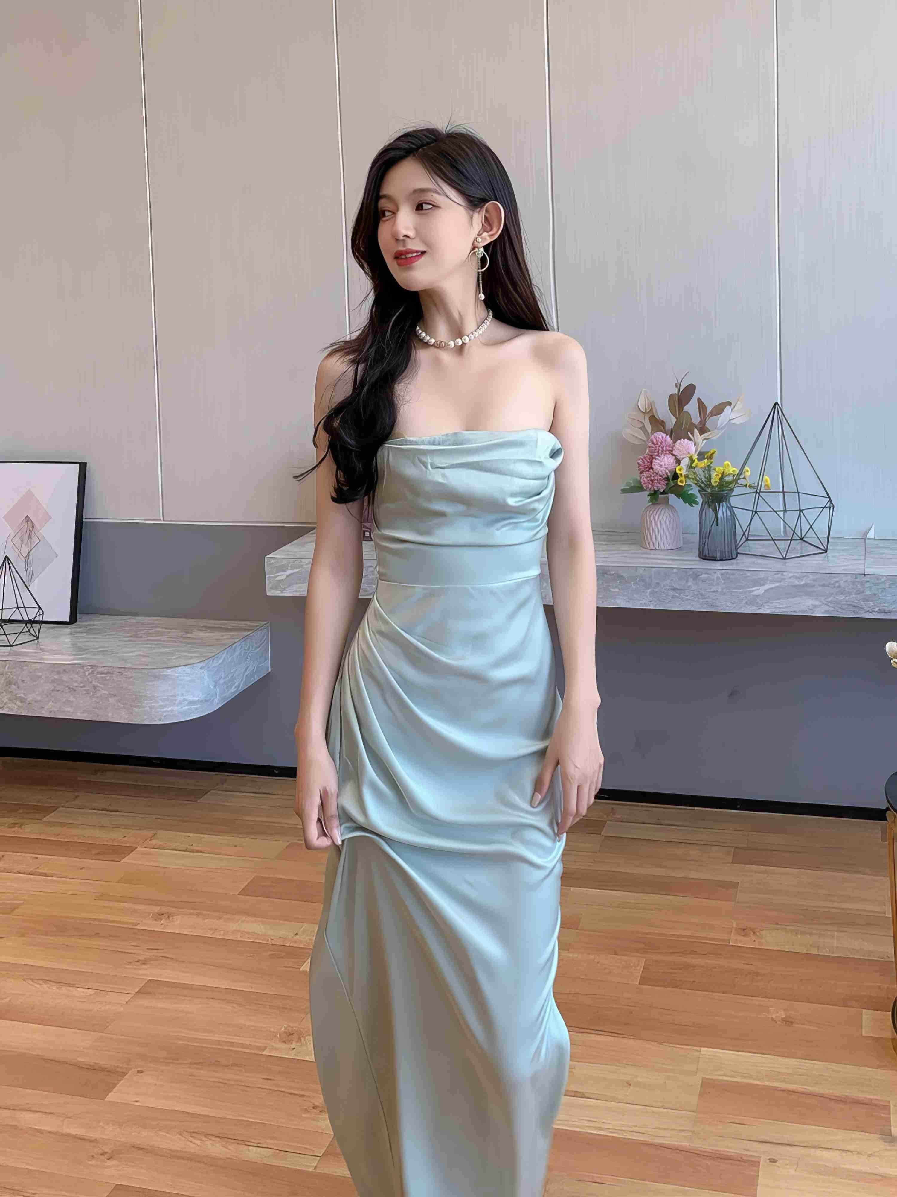 Strapless Ruched Draped Bodice Maxi Dress