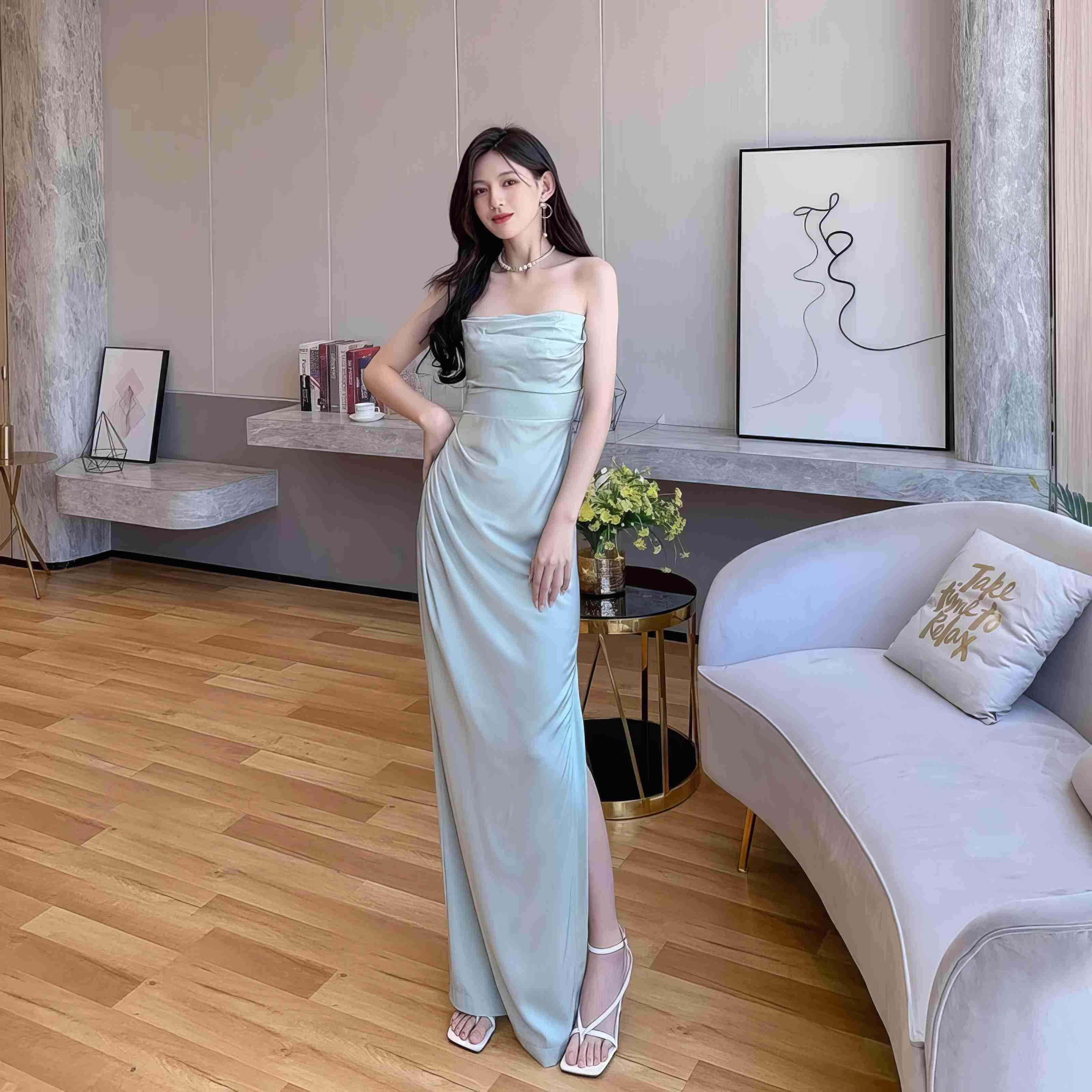 Strapless Ruched Draped Bodice Maxi Dress