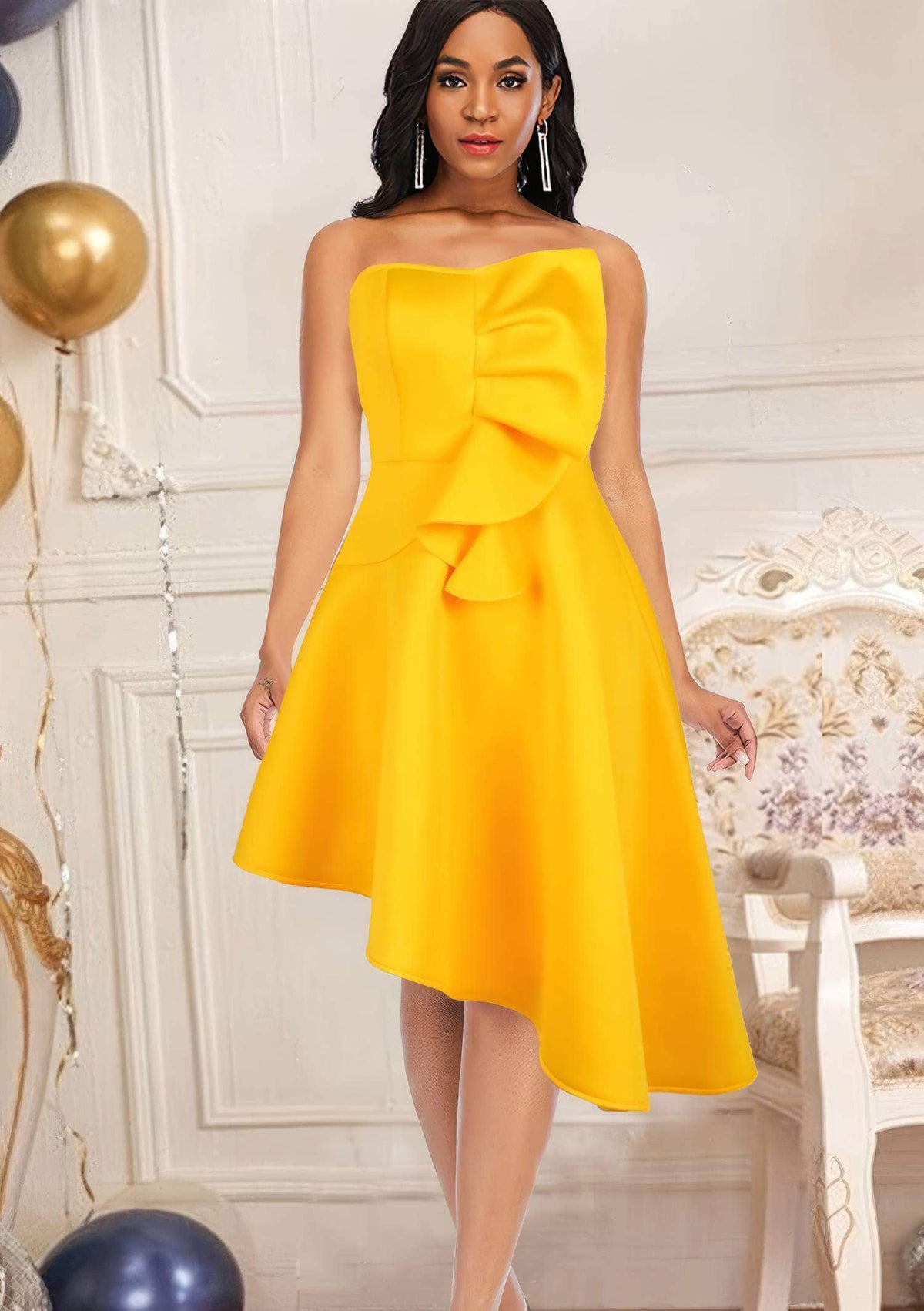 Strapless Ruffled Asymmetrical Hem Tube Dress US 4-6 / Yellow