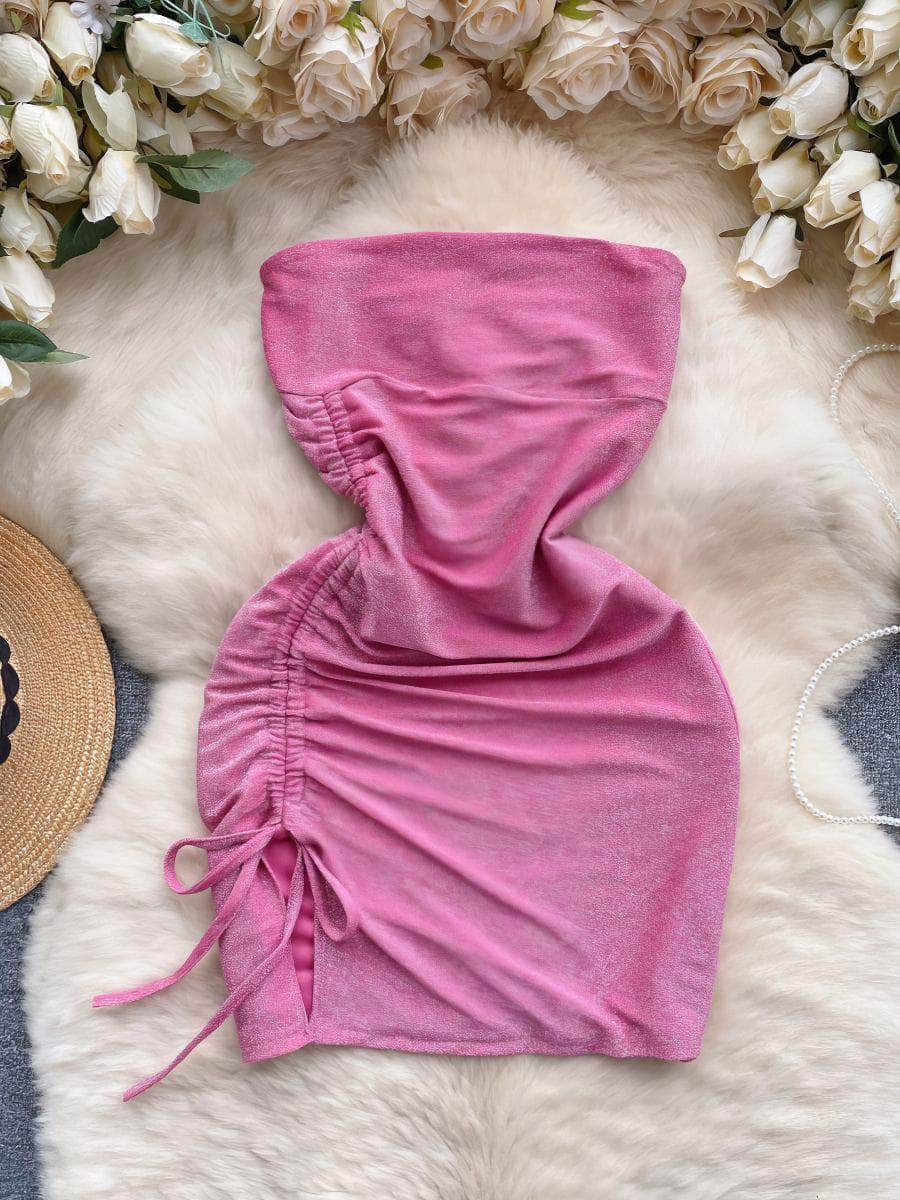 Strapless Shimmery Drawstring Side Slit Dress S / Pink