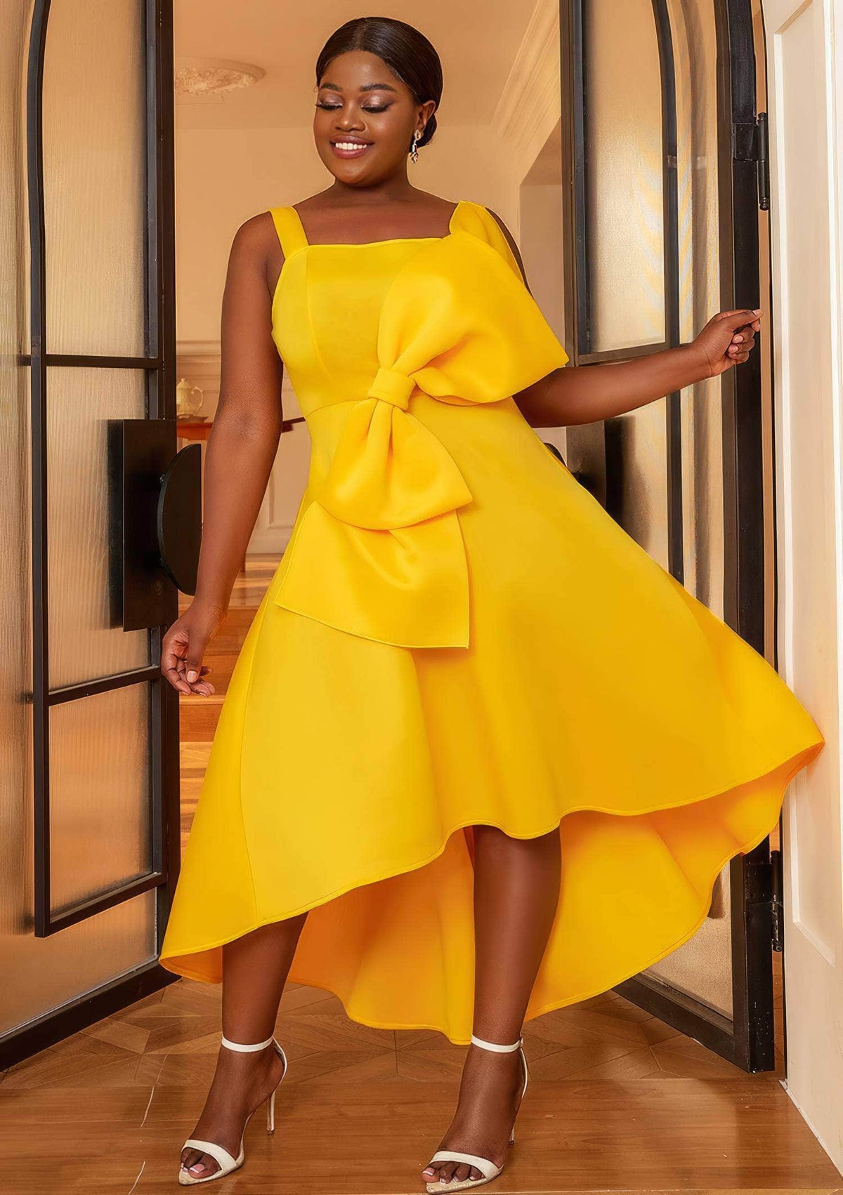 Strappy Bow Front High Low Hem Dress US 4-6 / Yellow