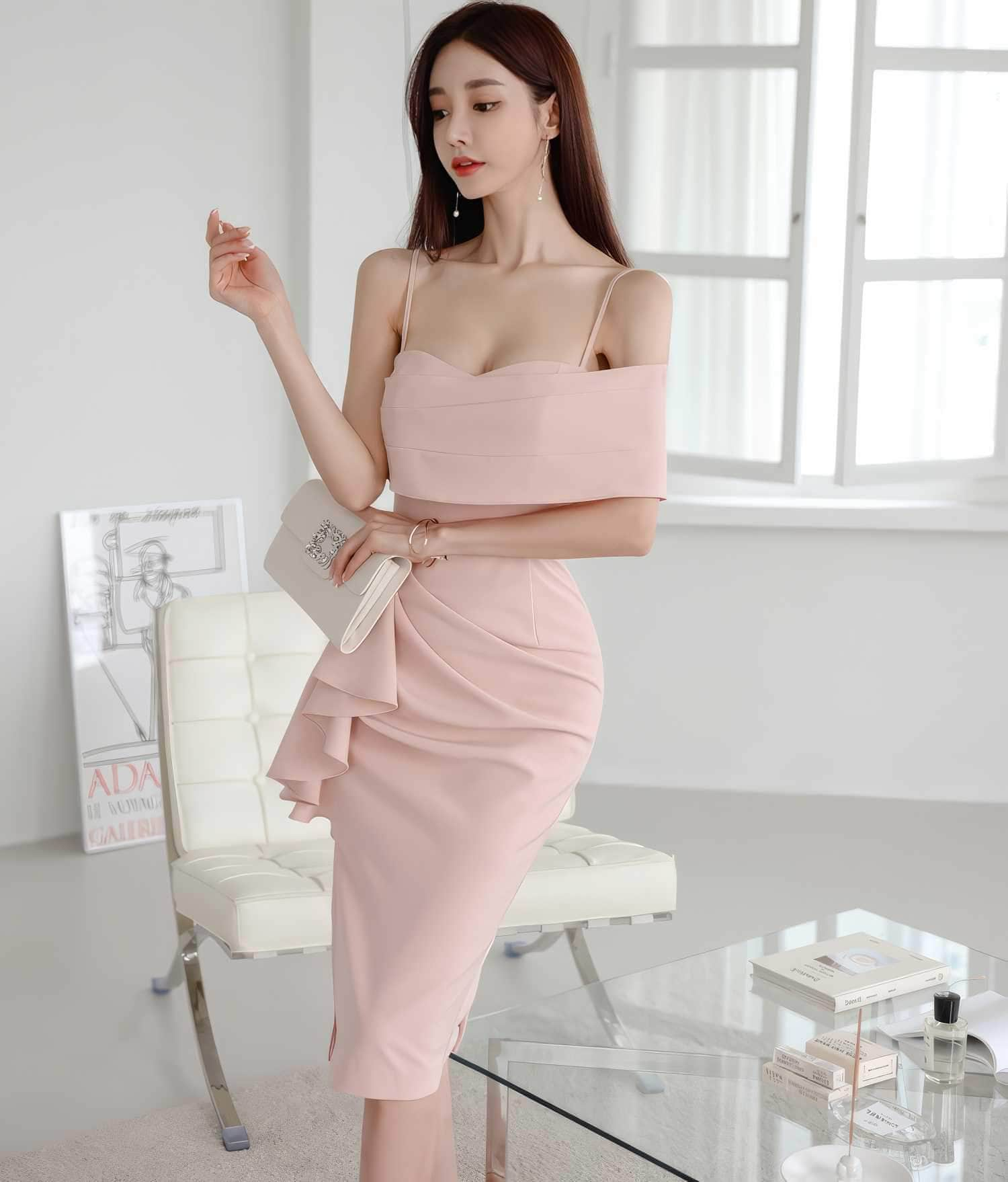 Strappy One-Shoulder Side Ruffle Dress