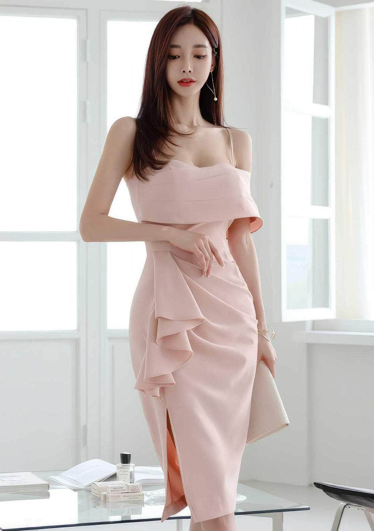 Strappy One-Shoulder Side Ruffle Dress S / LightPink