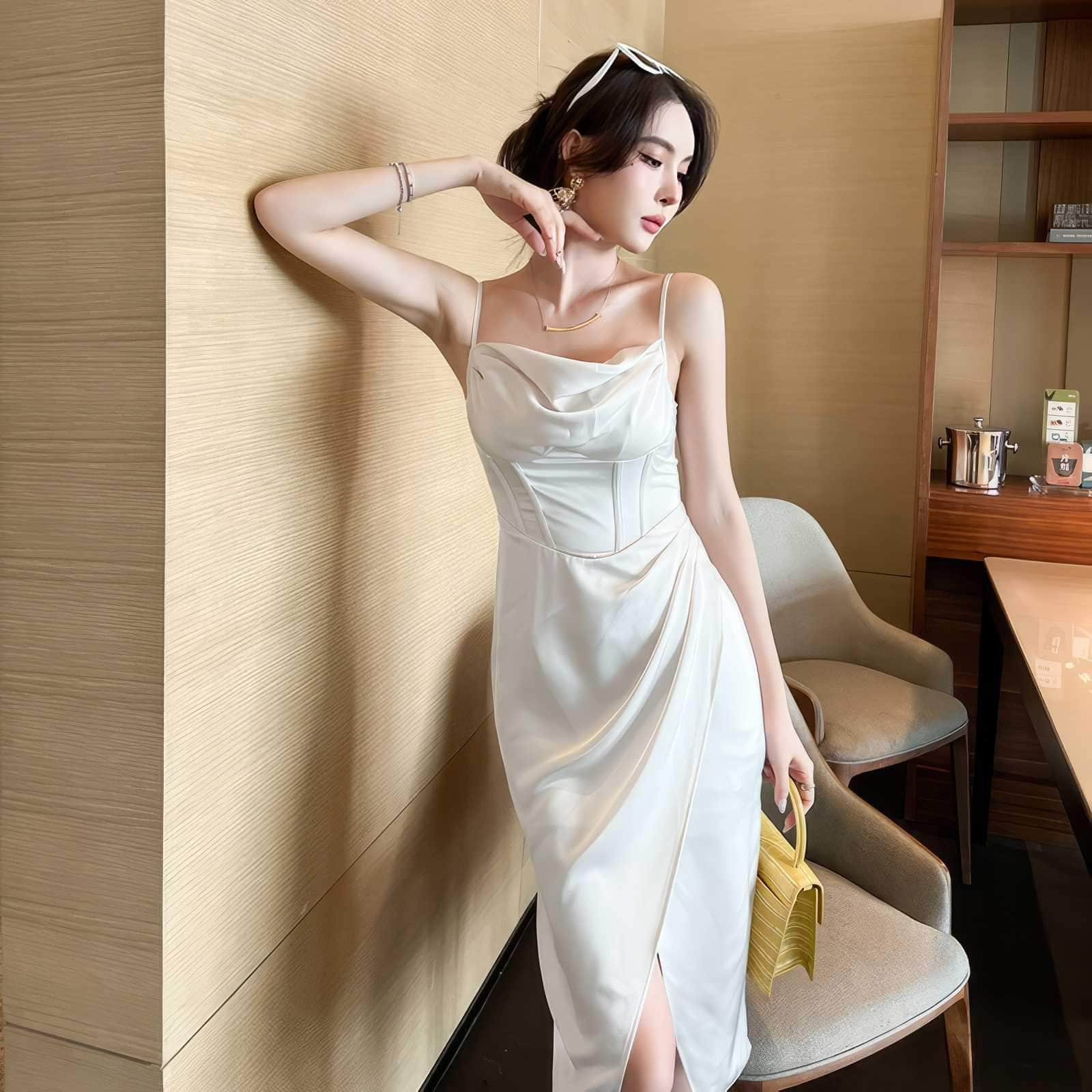 Strappy Ruched Corset Draped Satin Dress