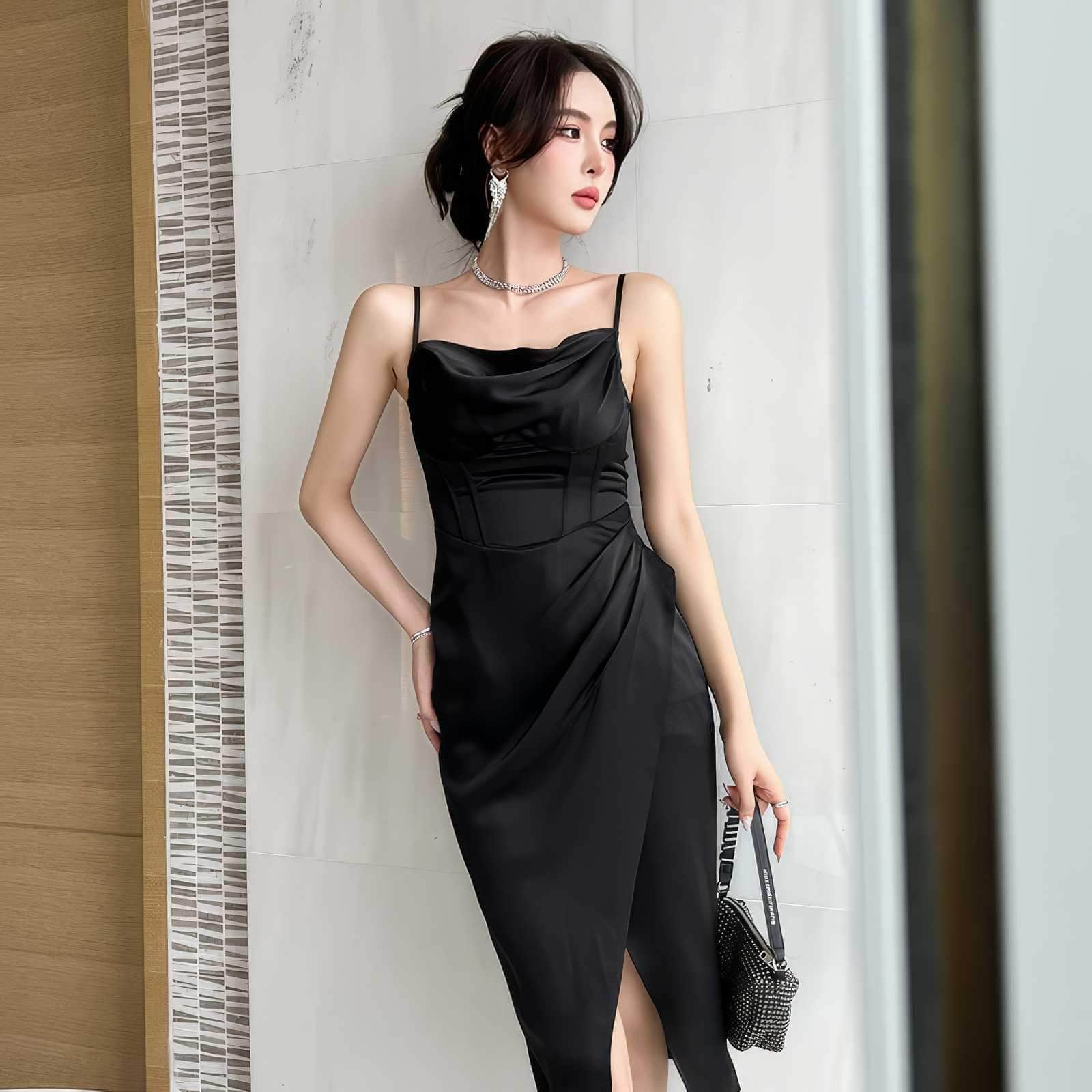 Strappy Ruched Corset Draped Satin Dress S / Black