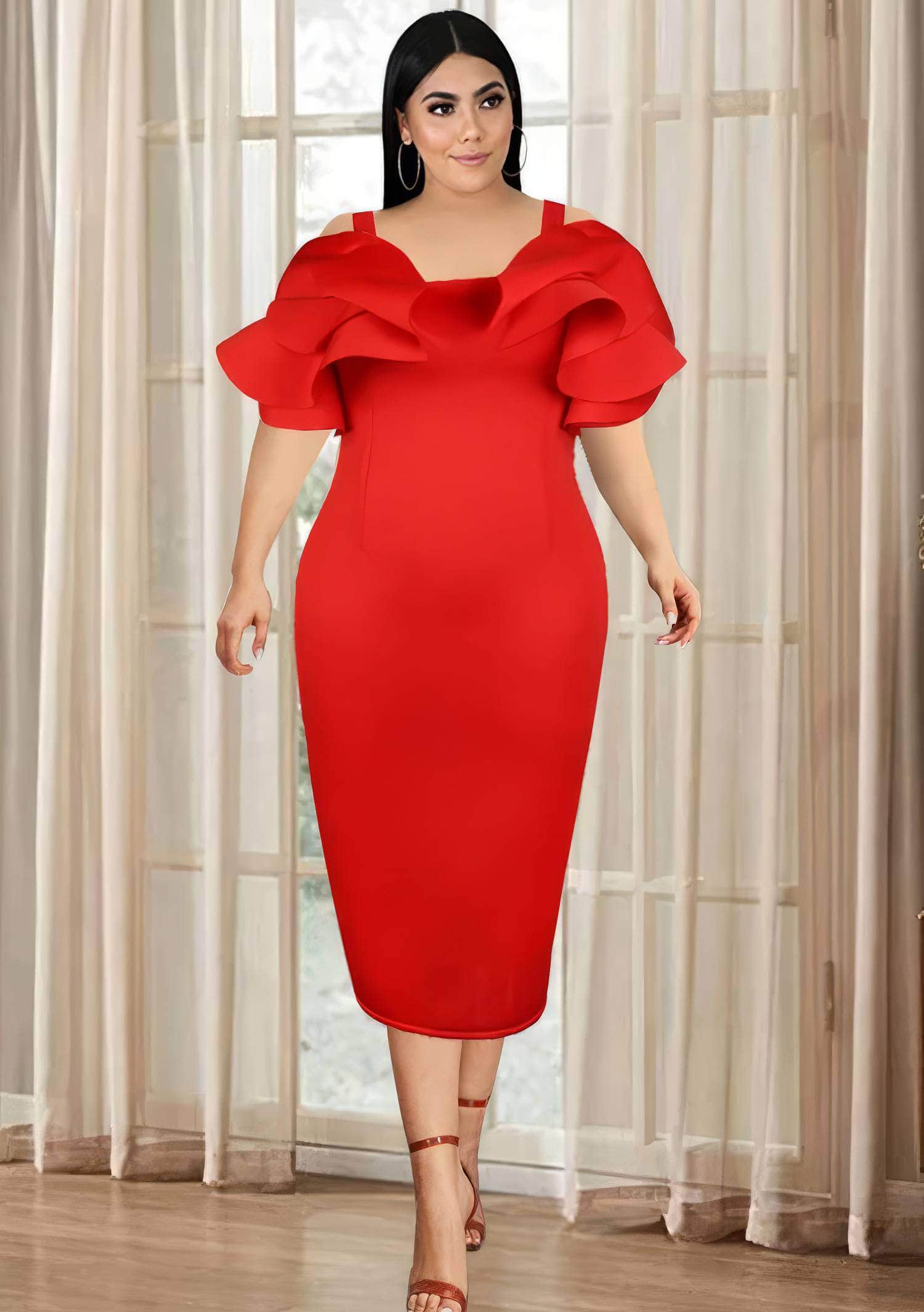 Strappy Ruffle Sleeves Bodycon Midi Dress