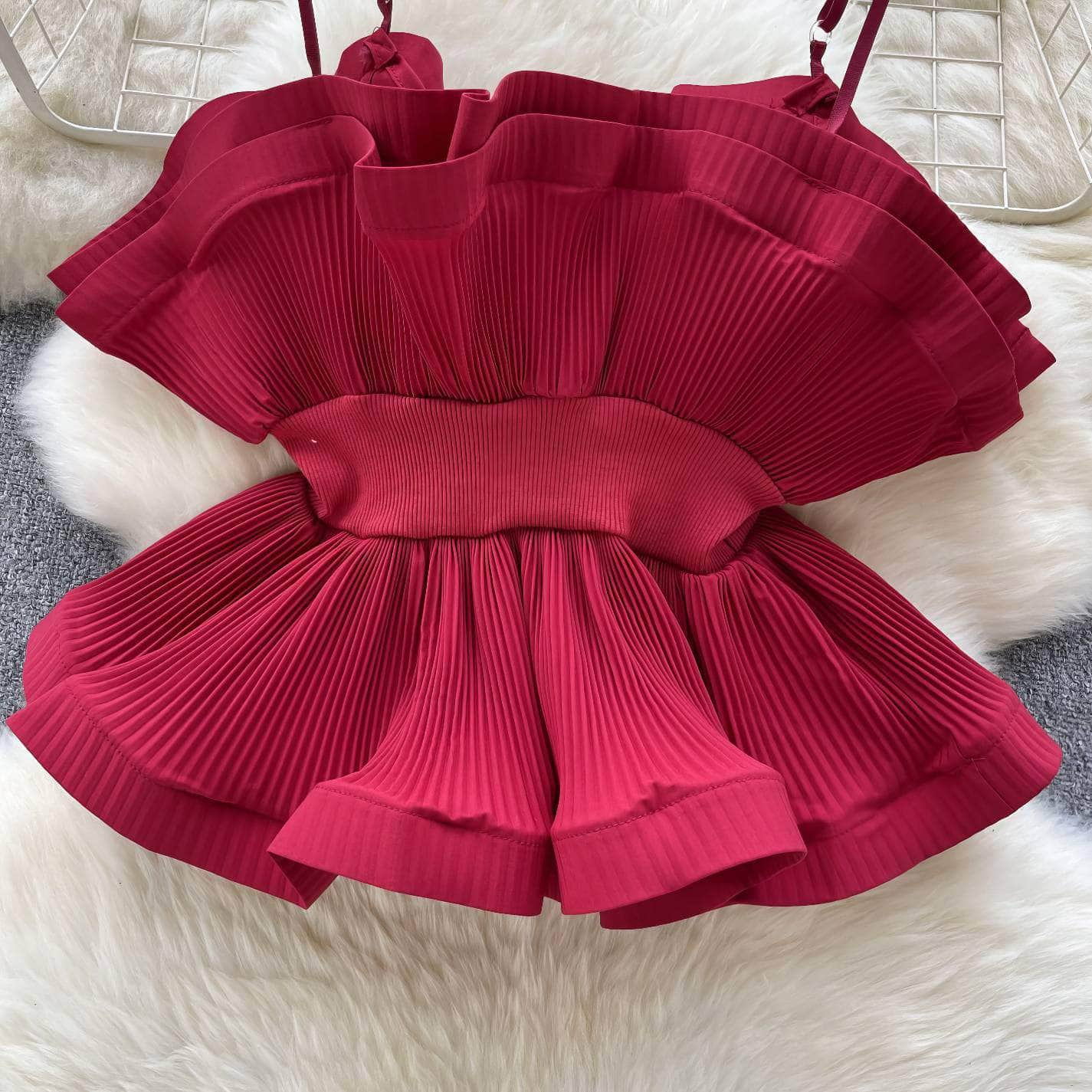 Strappy Ruffled Pleated Peplum Blouse