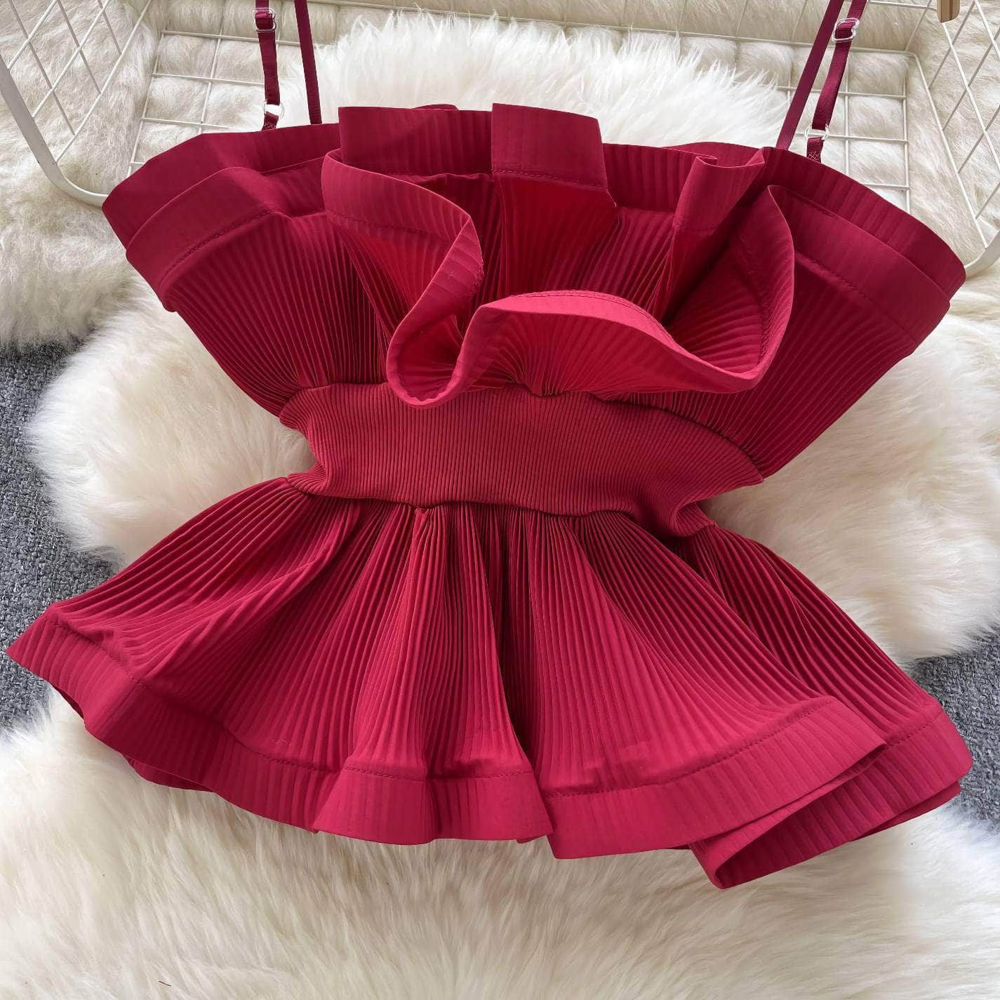 Strappy Ruffled Pleated Peplum Blouse