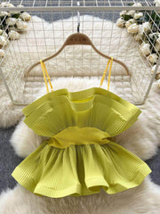 Strappy Ruffled Pleated Peplum Blouse MAX SIZE / Yellow