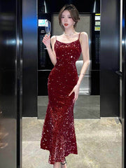 Strappy Sparkling Sequin V-Neck Mermaid Dress S / DarkRed