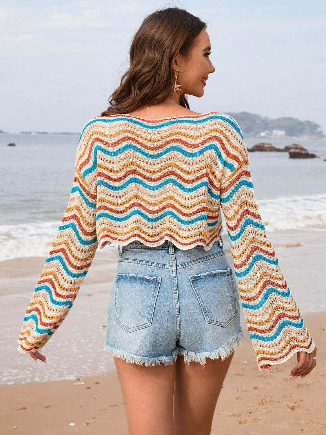 Striped Boat Neck Long Sleeve Cover Up