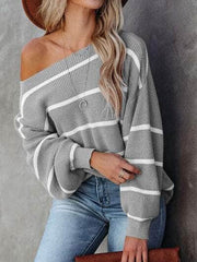 Striped Dropped Shoulder Pullover Sweater Heather Gray / S