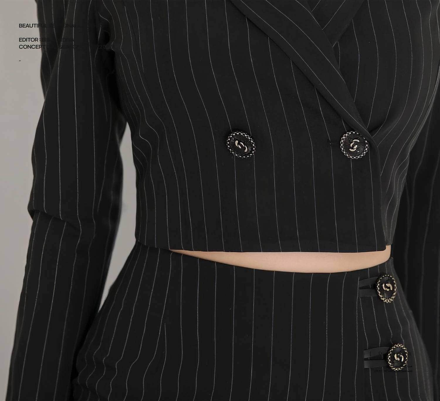 Striped Long Sleeve Two-Piece Suit High Slit Skirt