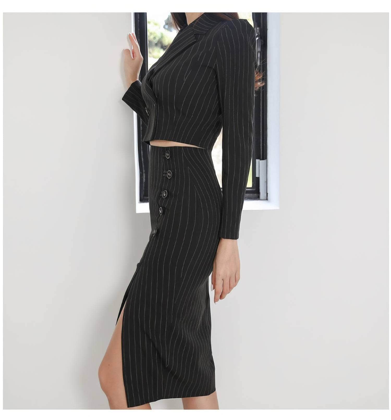 Striped Long Sleeve Two-Piece Suit High Slit Skirt