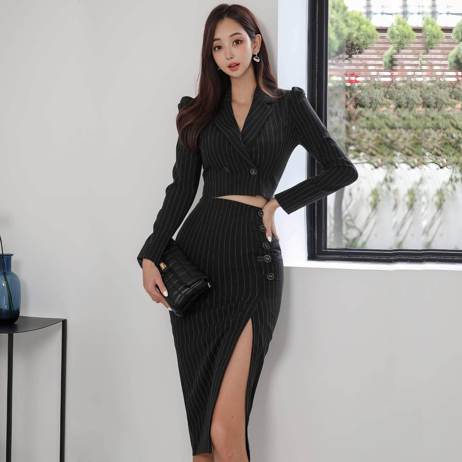 Striped Long Sleeve Two-Piece Suit High Slit Skirt