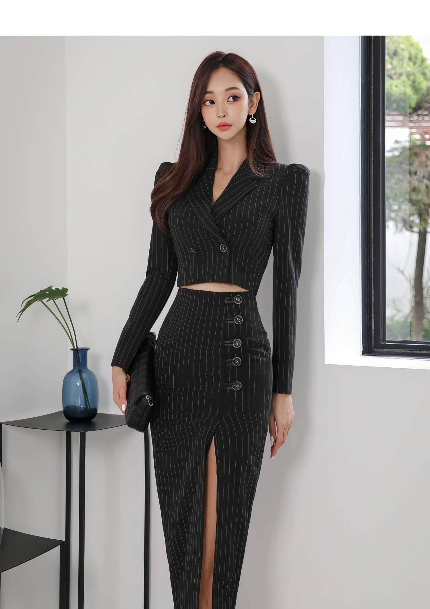 Striped Long Sleeve Two-Piece Suit High Slit Skirt