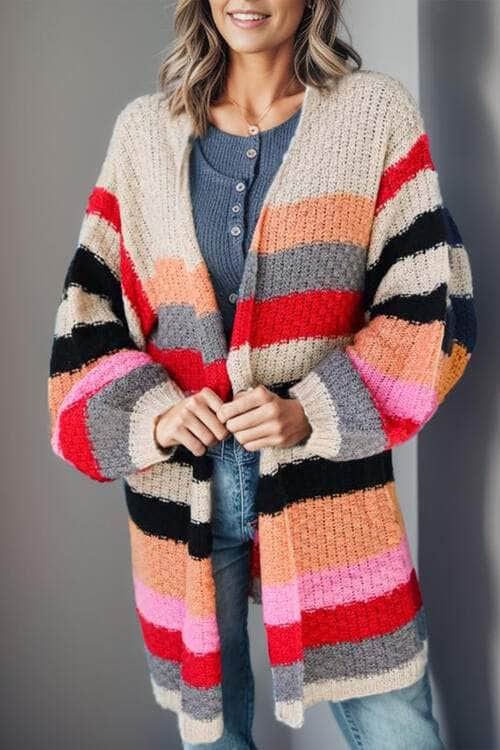 Striped Open Front Long Sleeve Cardigan Multicolor / S