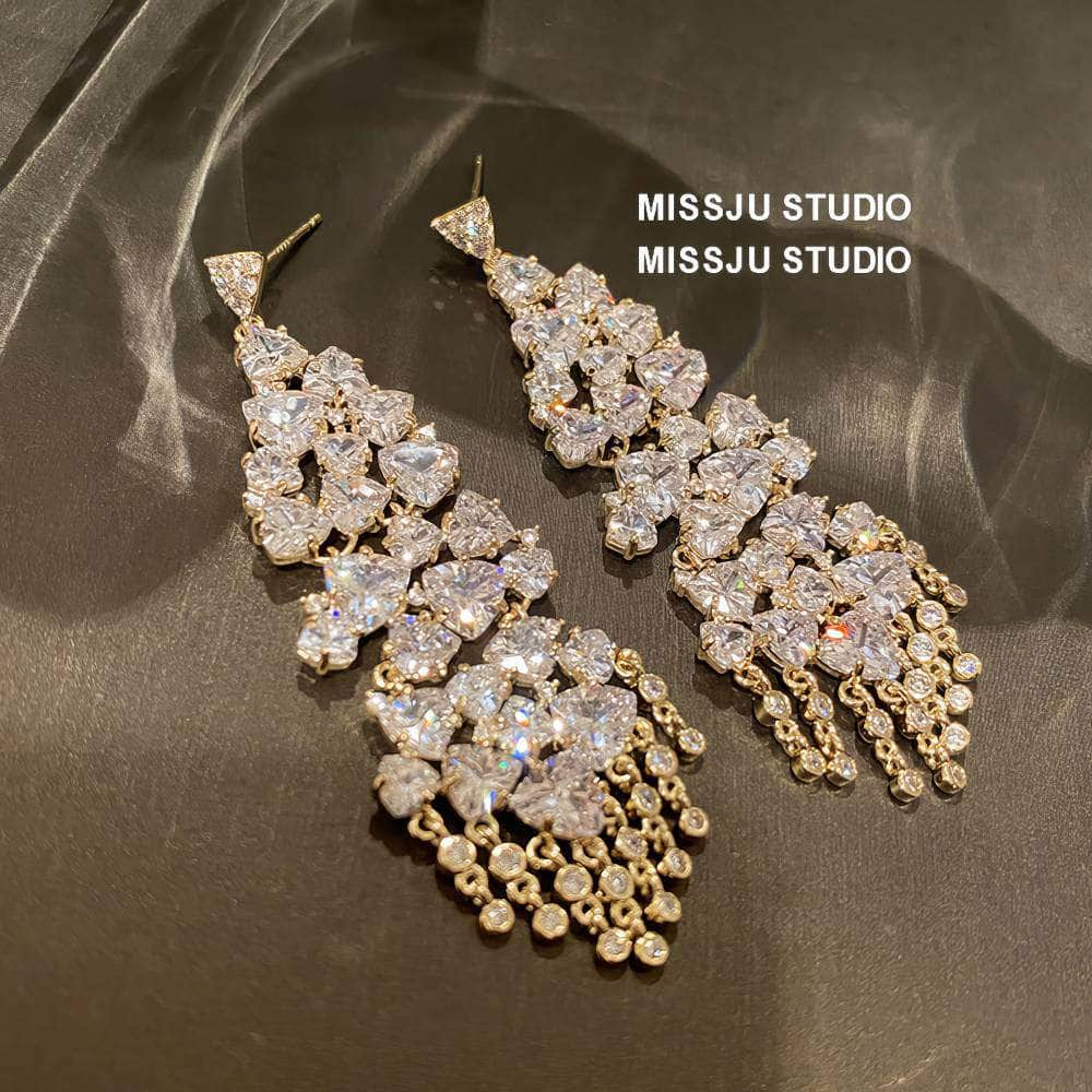 Studded Crystals Sparkling Chandelier Tassel Gold Earrings White